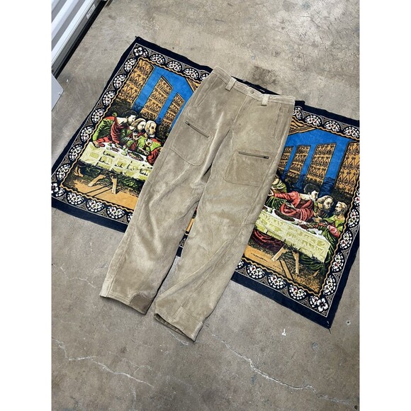 LL Bean Pant Men 32 Khaki Corduroy Double Knee Fleece Lined Field Cargo Gorpcore - Picture 5 of 8